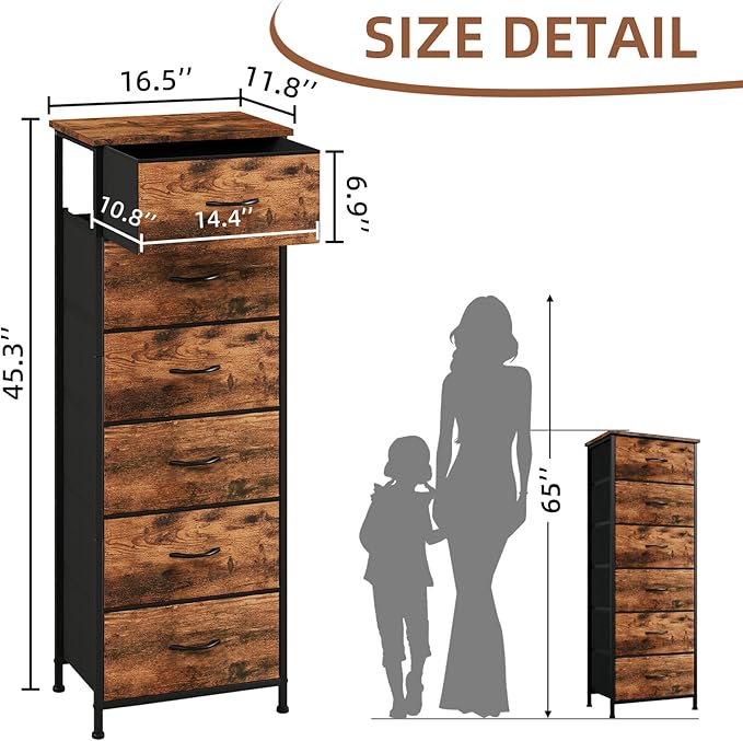 Somdot Tall Dresser for Bedroom with 6 Drawers, Storage Organizer Chest of Drawers with Removable Fabric Bins for Closet Bedside Living Room Laundry Entryway Hallway, Wood Grain Print