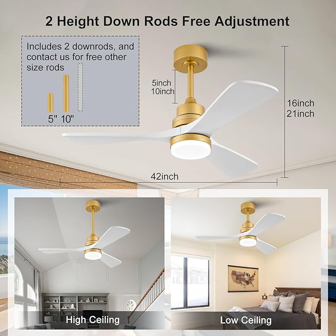 BOJUE 42 Inch Wood Ceiling Fans with Lights and Remote, White Gold Outdoor Ceiling Fan with Light, Dimmable 3 Blades Outdoor Fans for Patios Noiseless Modern Ceiling Fans for Bedroom Living Room