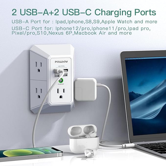 5-Outlet Power Strip with 4 USB Ports - Surge Protector for Home, Office, School - ETL Listed