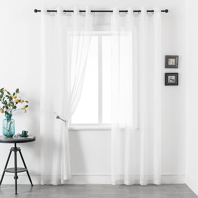 DUALIFE Bright White Sheer Curtains 84 Inches Long Set 2 Panels Grommet Look Semi Transparent Drape Tulle Gauze Voile Window Sheer Curtains for Bedroom Living Room 52X84 Inches Long