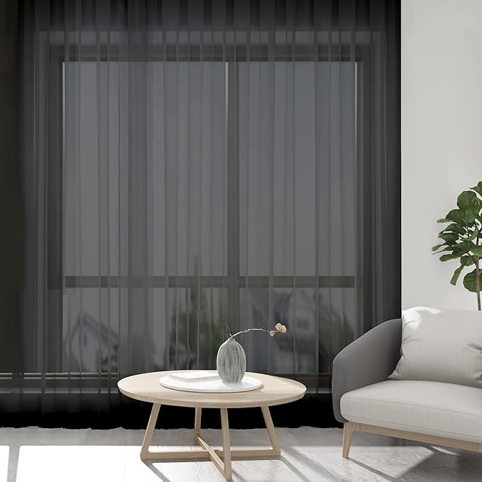 Chyhomenyc 2 Panels Solid Color Sheer Window Curtains 108 Inches Long, Elegant Window Voile Panels/Drapes/Treatment/Scarf for Bedroom Living Room Wedding Canopy (42X108 Inches, Black) 9 FT