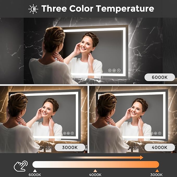 Koonmi 24x36 LED Bathroom Mirror, Backlit + Front Lit, LED Bathroom Mirror with Lights for Wall, 3 Colors, Anti-Fog, Dimmable Brightness, Memory Function, Tempered Glass