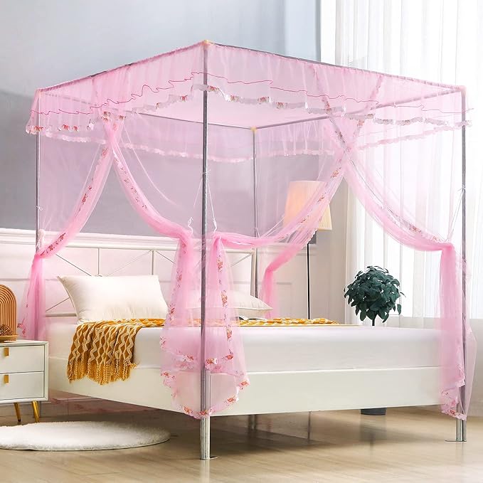 Twin Canopy Bed Curtains - 4 Corner Canopy for Beds, Bed Canopy for Girls Adults, Bedroom Decor (Twin Size, Pink)