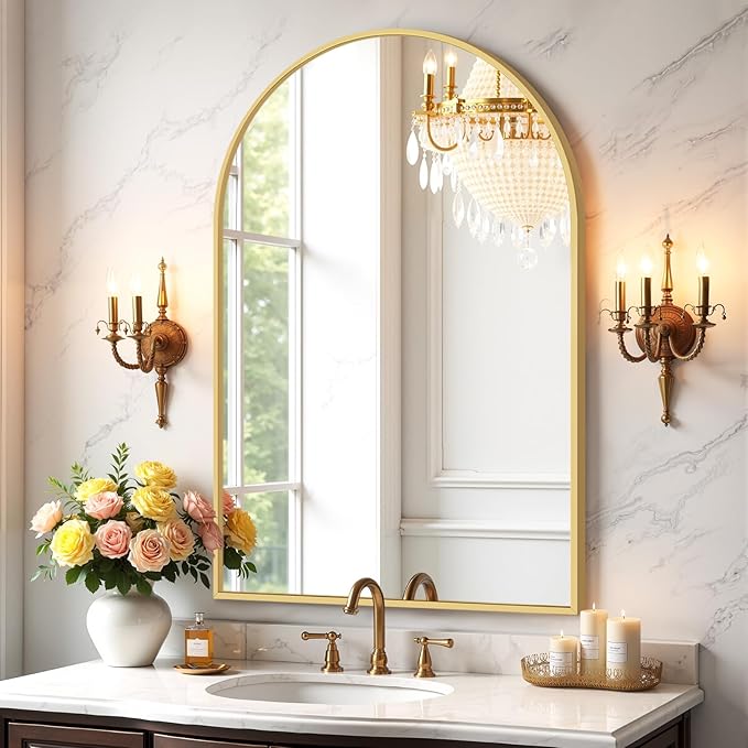 Sweetcrispy Arched Bathroom Mirror 38x26 Inch Gold Metal Framed Arch Vanity Mirror for Wall, Over Sink, Farmhouse, Restroom, Anti-Rust, Modern Decorative, Hanging or Leaning