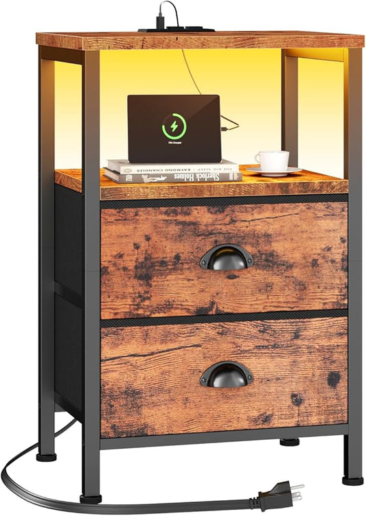 Furologee Nightstand with Charging Station, End Table with LED Lights, Bedside Table with USB Ports & Outlets, Night Stands with 2 Drawers, for Living Room/Bedroom