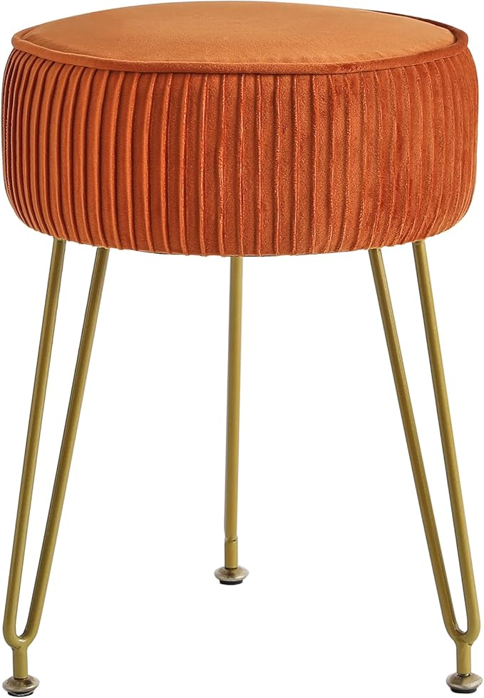 IBUYKE Velvet Round Footrest Stool Ottoman, Makeup Vanity Stool Side Table, Velvet Dressing Table Seat, Pouf Couch Stool, Golden Steel Legs, Orange LG-30J