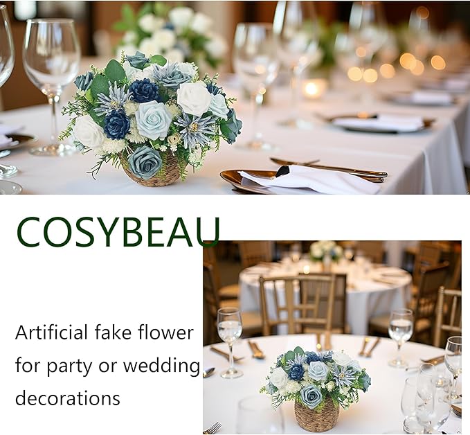 Artificial Flowers Fake Roses, Faux Plant with Stems for DIY Wedding Bouquets Bridal Shower Centerpieces Arrangements Party Tables Decorations (23, Mix Shades of Blue)