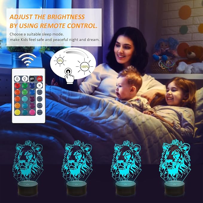 FULLOSUN Lion Night Light, King Lion Gift 3D Illusion Lamp for Kids Bedside Lamp with Remote Control 16 Color Changing Xmas Halloween Birthday Gift Cool Room Decor for Child Baby Boy