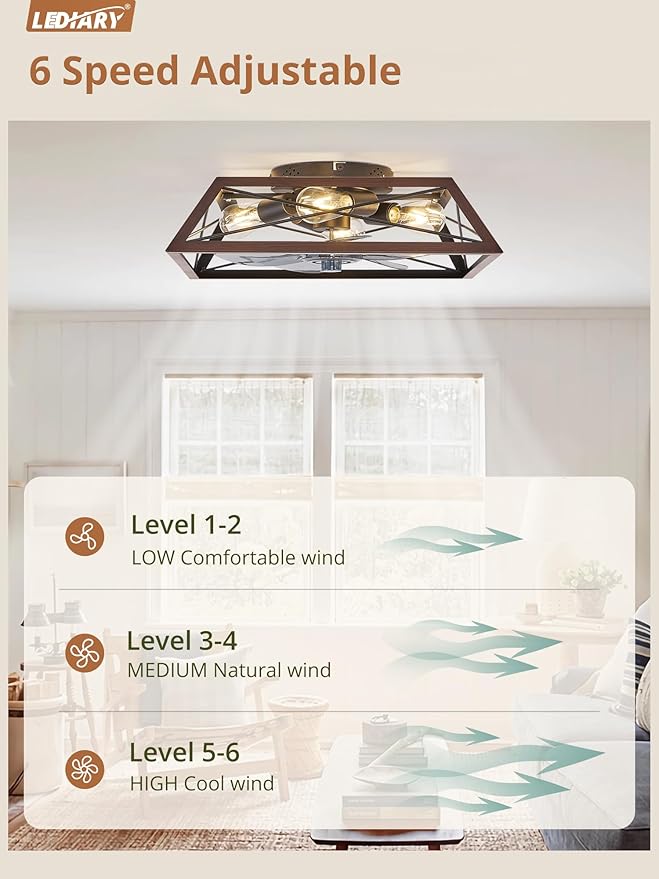 LEDIARY Ceiling Fan with Light, 24 Inch Farmhouse Caged Flush Mount, Low Profile Fan Light Fixture, Small Industrial Rustic Ceiling Fan with Remote