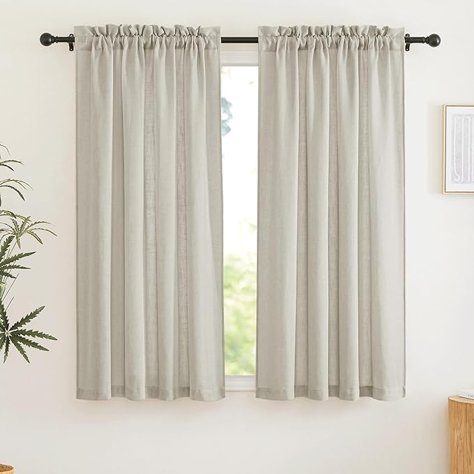 RYB HOME Linen Textured Semi Sheer Curtains Half Privacy Light Glare Filtering Breezy Airy Window Decor for Bedroom Bathroom Living Room, Angora, W 34 x L 63 inch, 2 Panels