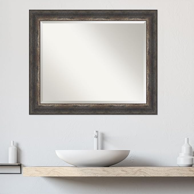 Amanti Art Brown Bathroom Mirror for Over Sink, 27x33 Bark Rustic Char Rectangle Vanity Mirror, Large Country Rustic Frame, Hangs Horizonally and Vertically, Bathroom Wall Decor, Beveled Edge