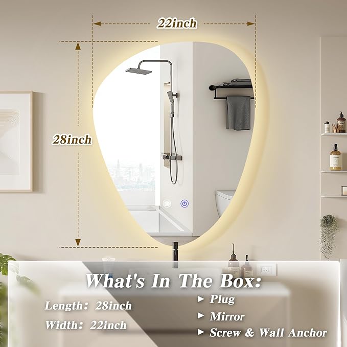 QDSSDECO Irregular LED Bathroom Mirror with Lights,Asymmetrical Led Bathroom Vanity Mirror for Wall with Front and Backlit, Anti Fog, 3 Colors and Dimmable Light, 22" x 28"