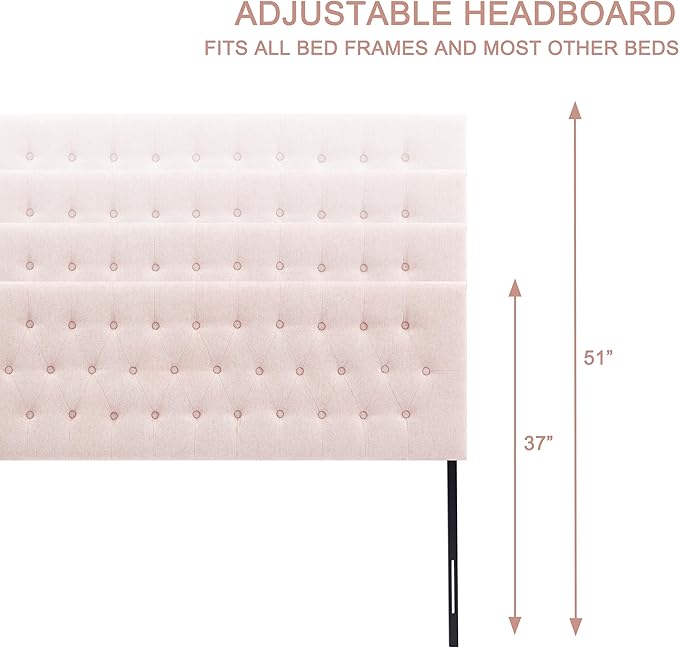 Tufted Upholstered Headboard California King Size, Solid Wood Head Board with Durable Metal Legs, Adjustable Height Bed headboard from 37” to 51” Fabric Headboard in Button Design, Pink