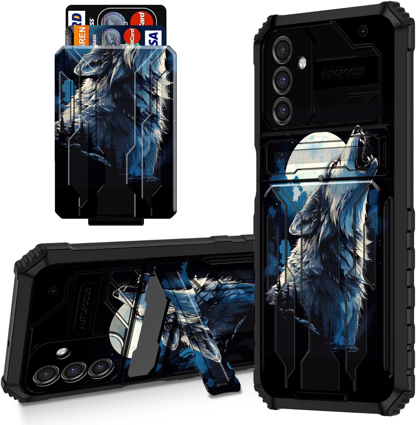 Galaxy A15 5G Wallet Case with Card Holder and Kickstand, Dual Layer Heavy-Duty Shockproof Case, Roaring Wolf