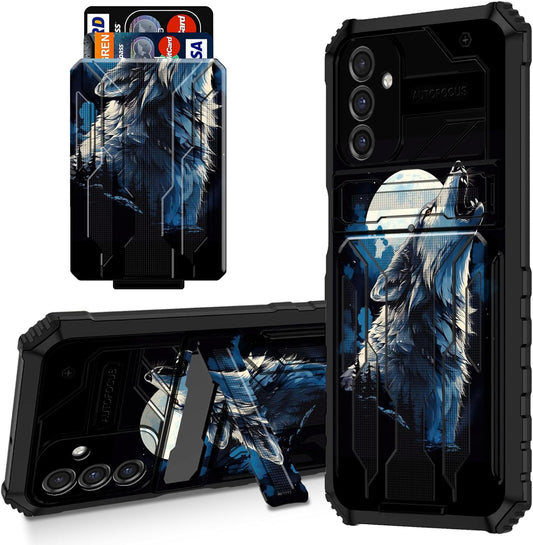 Galaxy A15 5G Wallet Case with Card Holder and Kickstand, Dual Layer Heavy-Duty Shockproof Case, Roaring Wolf