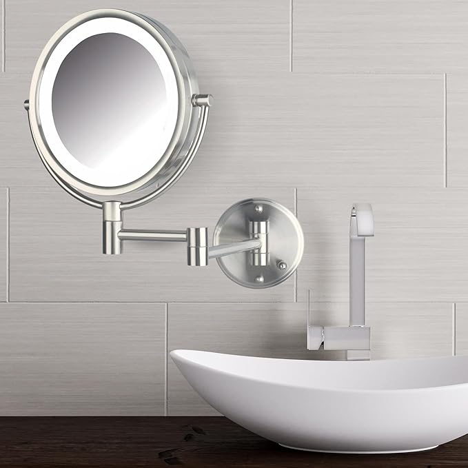 JERDON Wall-Mounted Makeup Mirror with Lights - Direct-Wired Lighted Makeup Mirror with 8X Magnification & Nickel Finish - Model HL88NLD
