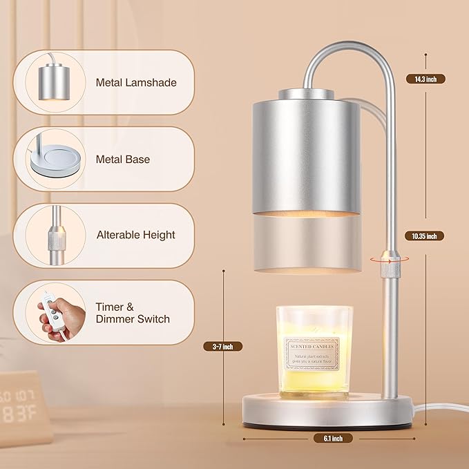 CASTLELIFE Candle Warmer Lamp with Timer & Dimmer, Height Adjustable Electric Wax Melt Warmer for Jar Candles, Gifts for Mom Home Decor, Silver