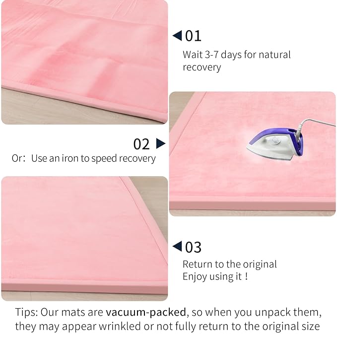 ACOMOPACK Baby Play Mat for Floor 1.3" Thick Memory Foam Play Mat 79"×157 Tummy Time Crawling with Non-Slip Bottom for Living Room,Nursery,Soft Velvet Playpen Mats for Kids,Infants（Pink）