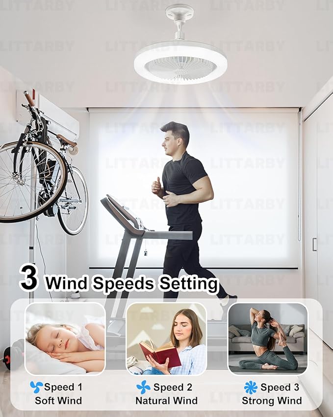 Socket Fan Light with Remote Control, 3 Colors 3000K-6500K Dimmable LED Light Bulb Fan Screw in Ceiling Fan for Bedroom, Kitchen, Storage Room, Closet, Wireless Small Ceiling Fans with Lights - White
