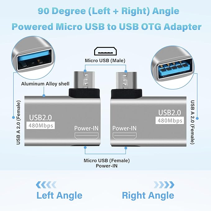 4 Pack OTG Cable Adapter for Fire TV Stick,90 Degree Left & Right Angle Powered Micro USB to USB OTG Adapter for Android Phone Tablet and More Host Devices with Micro USB (with 2 USB A to Micro Cable)