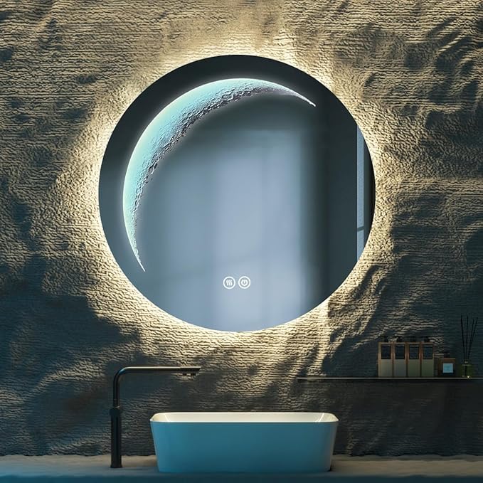 28'' Round Bathroom Mirror with Light, Frameless Circle Mirror with Backlit & Half Moonlight, Anti-Fog, Tempered Glass, Dimming LED Vanity Mirrors for Oversink, Bedroom, Wall Decor, Entryway