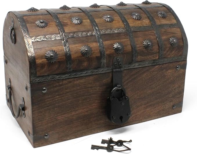 Nautical Cove Handmade Pirate Treasure Chest for Kids Prizes & Classroom with Lock and Skeleton Keys – Lockable Wooden Storage Chest Box, Pirate Decor, Decorative Wooden Box - Large 13x8x8.25