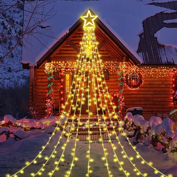 FUNIAO Christmas Lights, 320 LED String Lights with 12" Plastic Star Tree Topper, 8 Modes Outdoor Waterproof Christmas New Year Parties, Yard, Garden, Home Decor (Warmwhite)