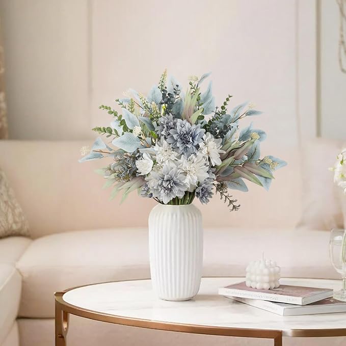 2 Pcs Fake Artificial Flowers Bouquet for Decoration, Silk Flower Arrangements Faux Flowers Plant Wedding Bride Bouquets Tables Centerpieces for Home Decor Indoor Vase Floral Table Decor (Blue White)
