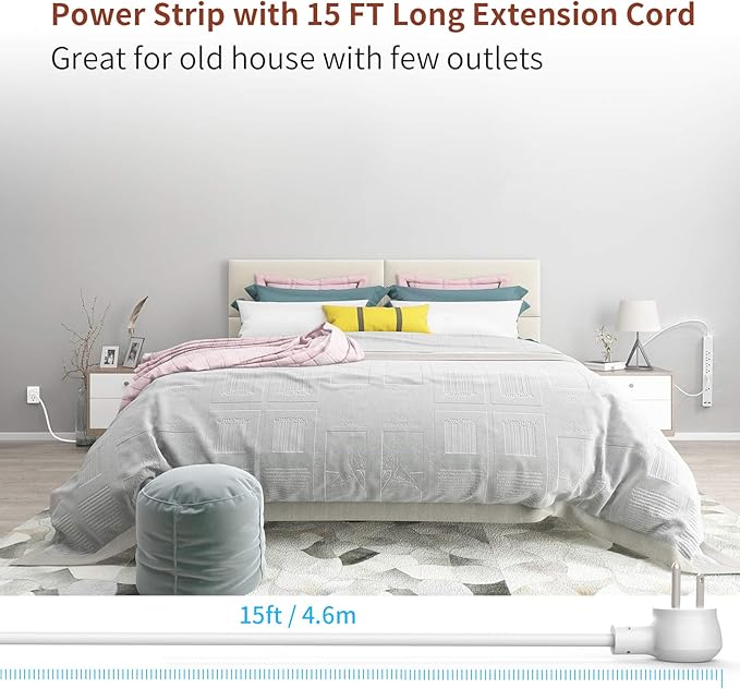 Extension Cord 15 ft, 6 Outlets Surge Protector Outlet, Heavy Duty Long Power Strip Flat Plug, 1875W Flat Plug, Widely Spaced Outlet, Wall Mount for TV Dorm Office Home Theater, White