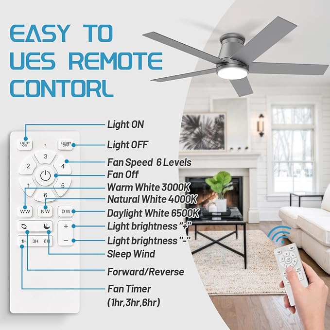 wurzee 52 Inch Flush Mount Ceiling Fan, Matte Silver Ceiling Fan with Light, Reversible DC Motors, Dimmable,Timer, Noiseless, Ceiling fan for Indoor & Outdoor Farmhouses, Dining Rooms