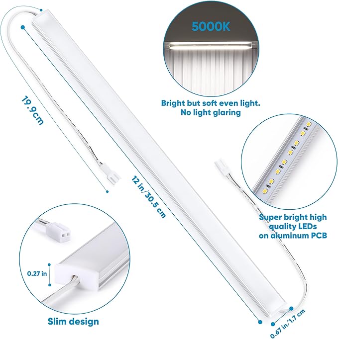 Litever Under Cabinet Lights Plug in, 3 pcs 12 Inches LED Light Strip Bars. Super Bright Dimmable Linkable for Kitchen Under Cabinets Shelf Work Space Desk Closet Lighting. Daylight 5000K