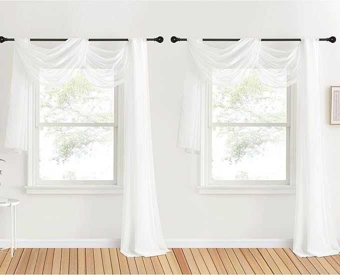 NICETOWN Sheer Textured Scarf Valances for Windows, 216" Extra Long Window Dressings for Anniversary/Wedding Design, 60" Wide, 2 Pieces, Off White