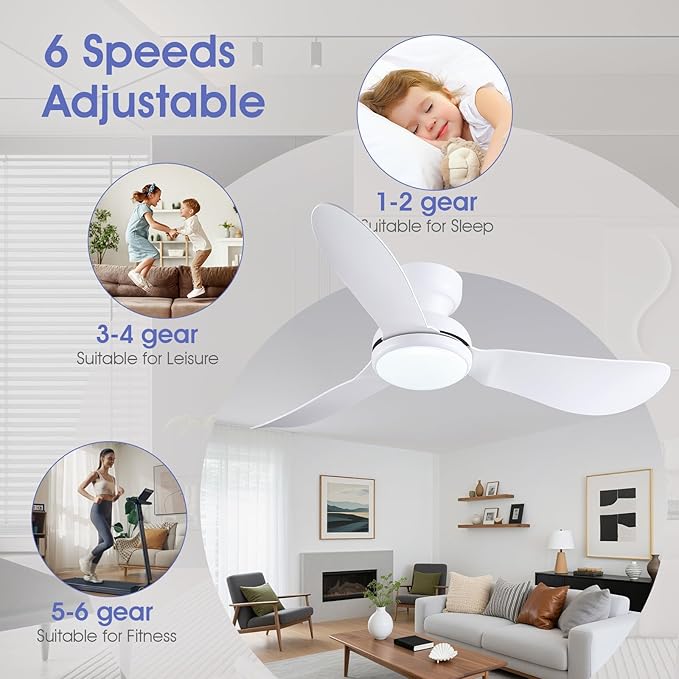 46 Inch Modern Ceiling Fans with Lights, Flush Mount Ceiling Fan with Remote/APP Control, 3 Reversible Curved Blades, 6 Speeds, 3 CCT, Dimmable Lights for Kids Room Bedroom, White