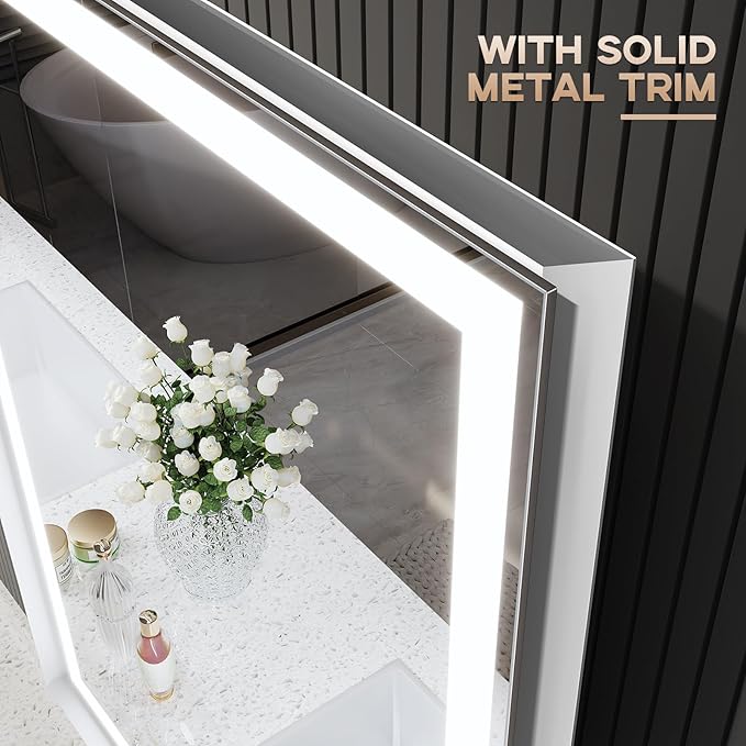LED Bathroom Mirror, 28“x36“ Lighted Bathroom Mirror with Metal Framed, Extremely Bright LED Mirror for Bathroom, 3 Colors Dimmable, Anti-Fog, Memory, Wall Mounted Lighted Vanity Mirror