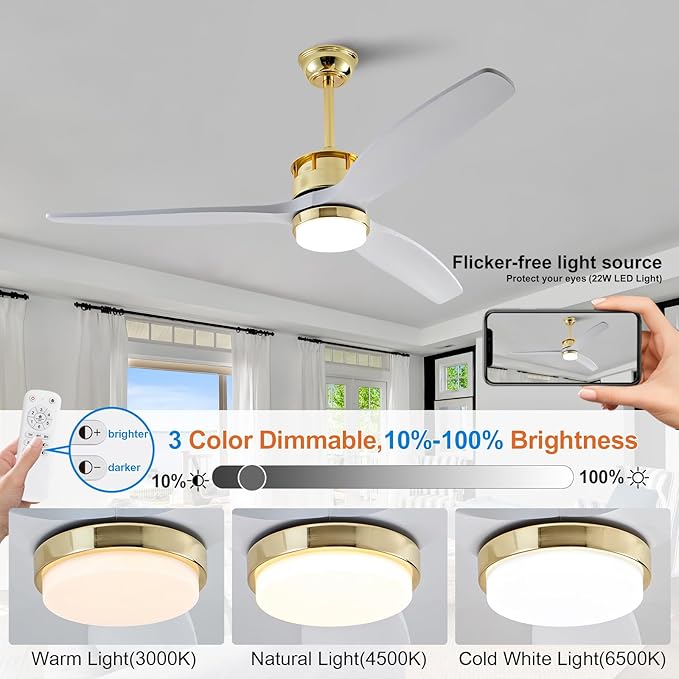 BOJUE 52 Inch Solid Wood Gold Ceiling Fans with Lights and Remote, Reversible Quite DC Motor,6 Speeds with Memory Program,Modern Farmhouse Ceiling Fan with Light for Living Room Patio