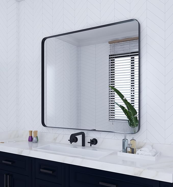 VocalStar Black Metal Framed Bathroom Mirror for Wall, 36 x 40 Inch Large Rounded Rectangle Matte Black Bathroom Vanity Mirror Farmhouse, 1/4-inch Shatterproof Glass | Ultra-Flush Hanging