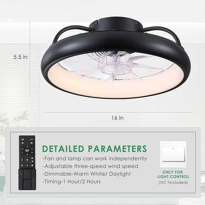 Ceiling Fans,Flush Mount Ceiling Fans with Lights and Remote Control, Low Profile Ceiling Fan with Light and Remote, Modern Ceiling Fan, Reversible, Dimmable, Noiseless(Black)