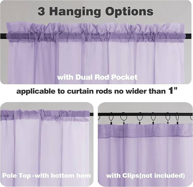 Chyhomenyc Lilac Sheer Curtains 72 Inch Length 2 Panels, Light Filtering Soft Airy Rod Pocket Voile Window Curtain Drapes for French Door Bedroom Living Room, Each 42Wx72L Inches