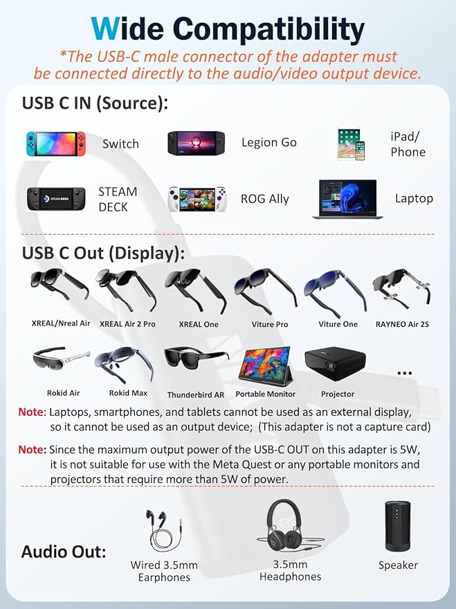 LIVIN USB C to Portable Monitor、AR Glasses XREAL One、Air 2 Pro/VITURE Pro/RayNeo Air 2s、3s/Rokid,【4K@60Hz+PD 100W+Audio 3.5mm】,USB C to Type C Adapter iPhone15/16、Android、PC、Switch、Steam Deck、Rog Ally