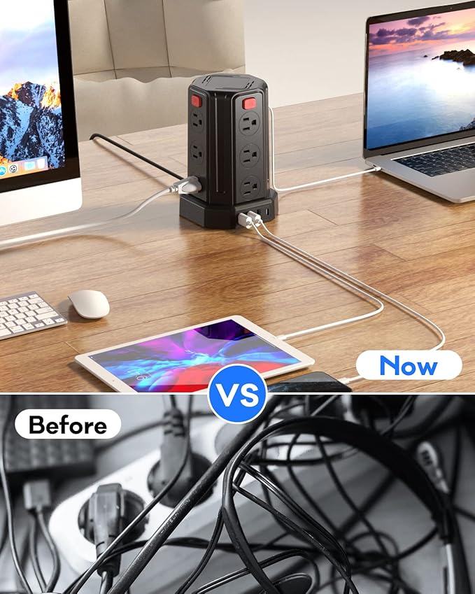 Power Strip Surge Protector, 16.4 Ft Extension Cord with 12 AC Multiple Outlets 4 USB (1 USB C), SMALLRT Power Tower Desktop Charging Station