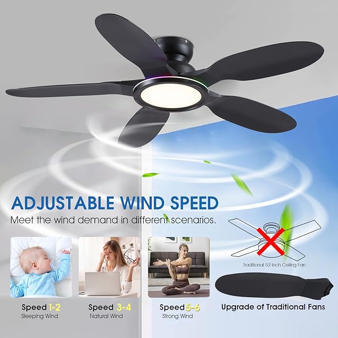 Ceiling Fans with Lights and Remote/APP Control, 52 inch Low Profile Ceiling Fans with Dimmable White + RGB Ring Lights, 6 Speeds 5 Curved Blades for Kids Room Bedroom Bar, Black