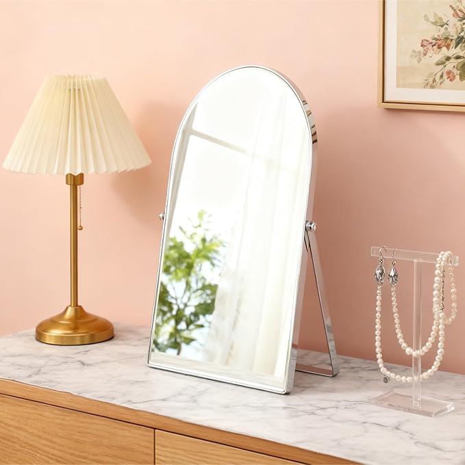 Silver Metal Mirror Vanity Table Desk Arch Makeup Mirror 90°Adjustable Rotation Framed Standing Mirrors Room Decor for Living Room,Bedroom,Tabletop,Bathroom