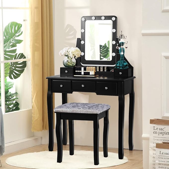CHARMAID LED Vanity Desk with Lighted Mirror, 10 Dimming Bulbs, 5 Drawers, 3 Storage Organizers, Makeup Vanity Desk with Stool, Bedroom Dressing Table, Gift for Girls Women (Black)