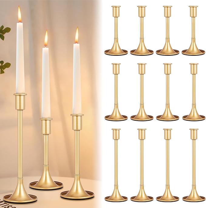 12 Pcs Gold Taper Candle Holders Lengthen with Anti-Slip Pad Vintage Low Metal Candles Metal Gold Candlestick Holder Set for Table Centerpiece,Weddings, Dinners Christmas Decor, 3 Sizes
