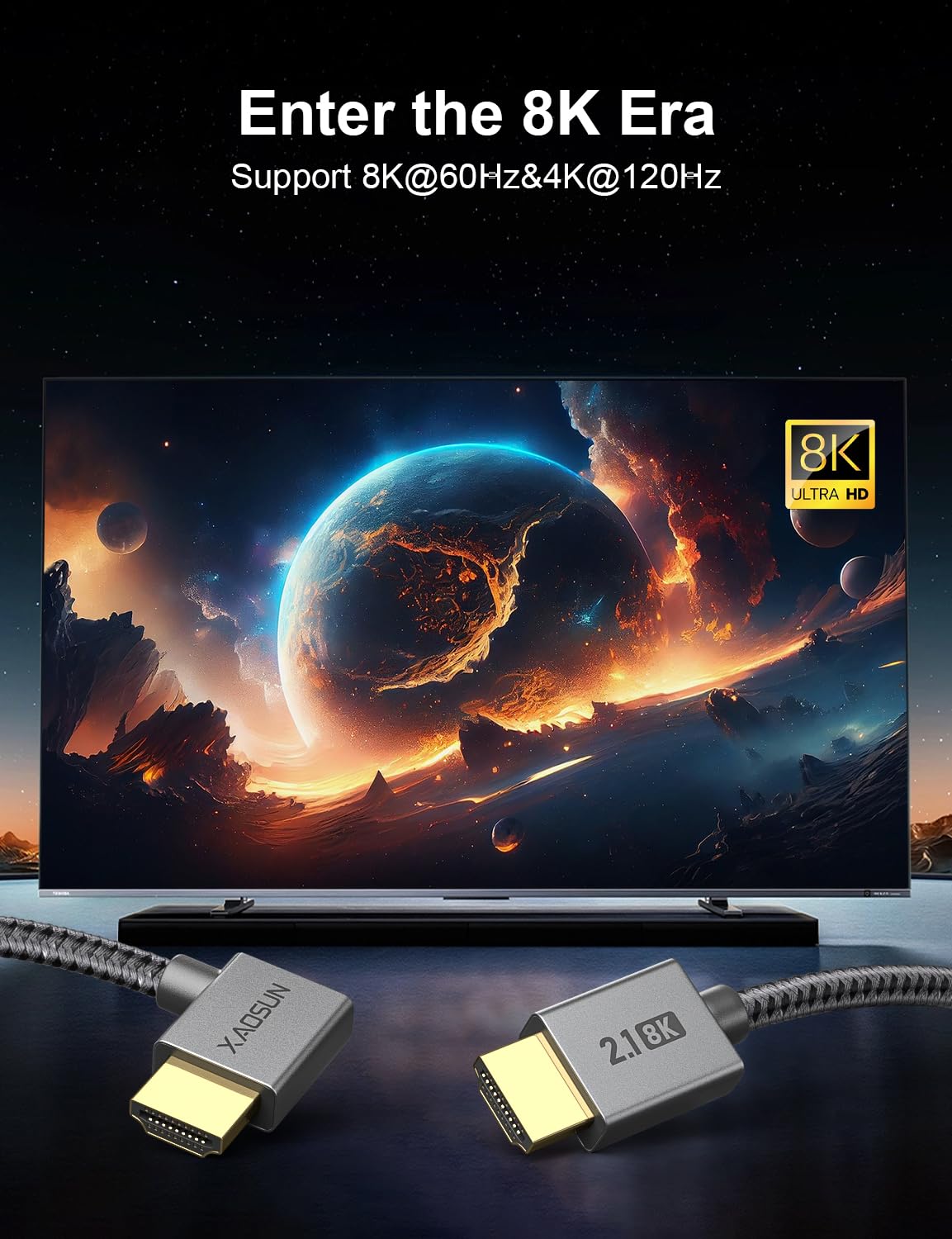2.1 6.6FT, 48Gbps 8K@60Hz 4K@120Hz 2.2& 2.3 HDR10, ps5,ps4,x-Box,roku XAOSUN Right Angle HDMI Cable Ultra High Speed