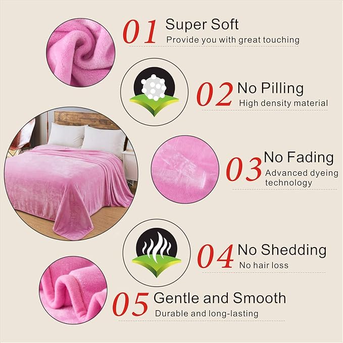 Fleece Twin Size Summer Blanket All Season 350GSM Lightweight Throw for The Bed Extra Soft Brush Fabric Winter Warm Sofa Blanket 66" x 90"(Pink Twin)