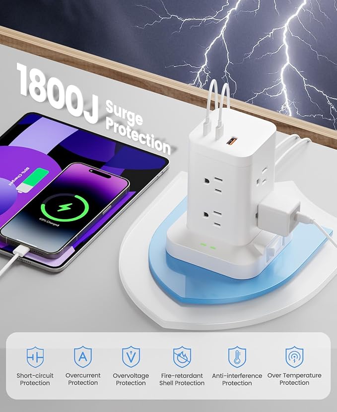 Power Strip Tower with Surge Protector 1800J, Fast Charging Tower PD20W USB-C Ports with 8 AC Outlets, 6ft Extension Cord for Home Office Dorm Room, White