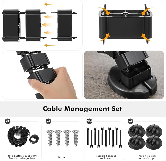 Yaomiao 4 Pack Under Desk Vertebrae Cable Management Kit Standing Desk 48'' Adjustable Quad Entry Flexible Cord Organizer with Ties, Stick-on Clips Cable Management Set for Home User Office Worker