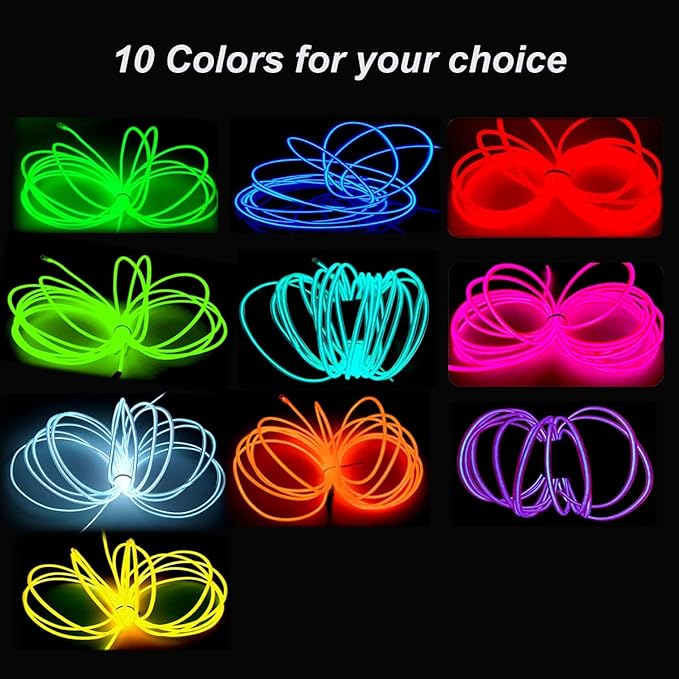 MaxLax EL Wire White, 9.8ft/3m Portable Battery Pack Neon Light Strip 360° Cuttable Glowing Rope Lights for Parties, Halloween, DIY Decoration