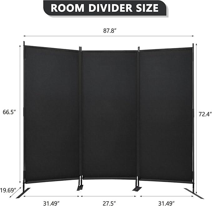 JAXPETY Room Divider Panel 6Ft Privacy Screen Wall Dividers for Room Separation Flexible Partition Folding Portable Room Partition for Office 88" W x 73" H, Black